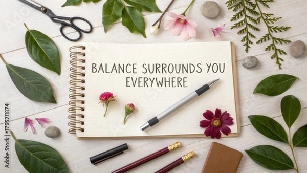 Fototapeta Journal with a Pen and Inspiring Message in a Flatlay Design