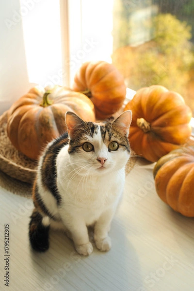 Fototapeta Autumn photos of a cat with pumpkins.

