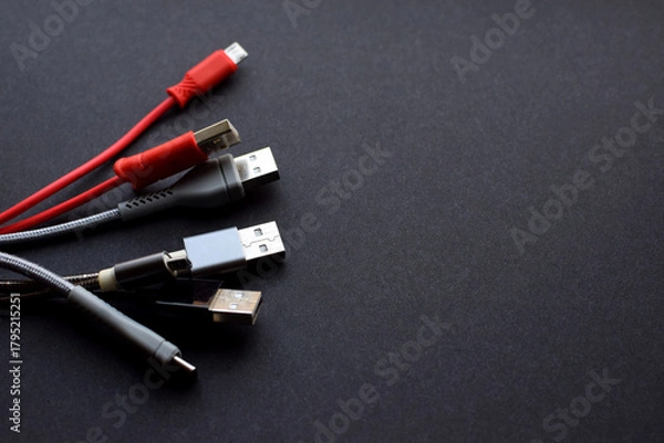 Obraz Multiple USB peripheral cables (Universal Serial Bus). USB data and power cables on a dark background. USB cable, charger. Copy space.