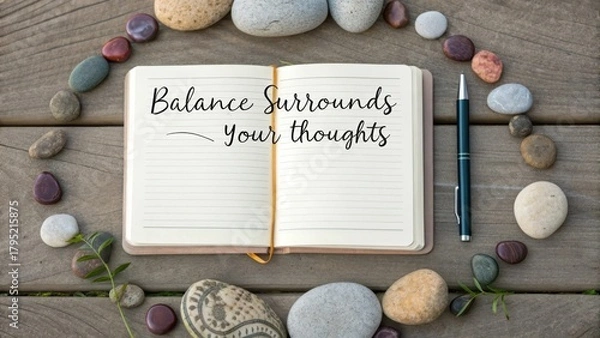 Fototapeta Open journal with pen placed next to stones on wooden surface