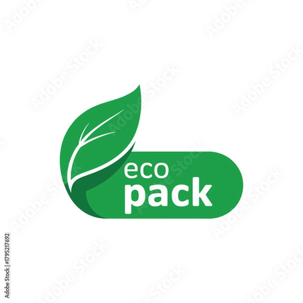 Fototapeta Green eco pack label with a leaf symbol for sustainable packaging and products