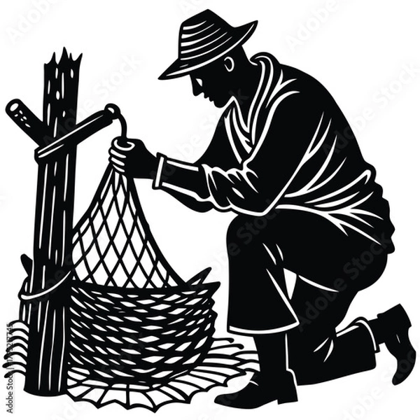 Obraz Fisherman Silhouette Preparing Net Illustration for Fishing Industry Resources on White Background
