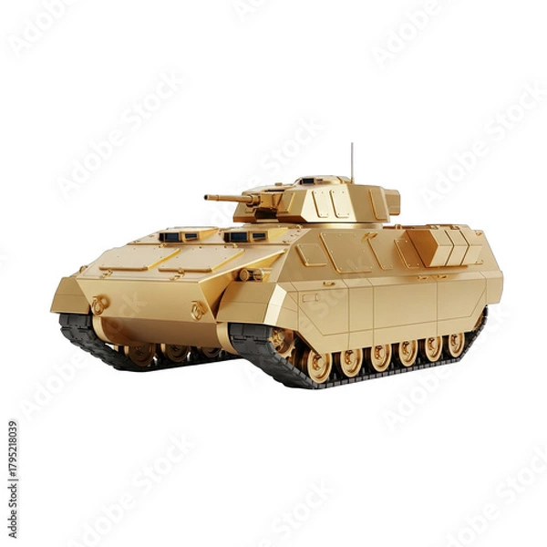 Fototapeta Golden Armored Personnel Carrier Rear View Isolated on Black Background Studio Shot Realistic Military Vehicle With Tracks and Turret Detailed Exterior
