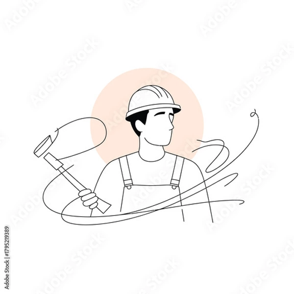 Obraz Line art illustration of a construction worker holding a hammer and tools
