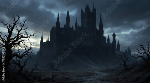 Fototapeta Dark and ominous castle silhouette against a stormy sky, evoking a sense of mystery and gothic fantasy.