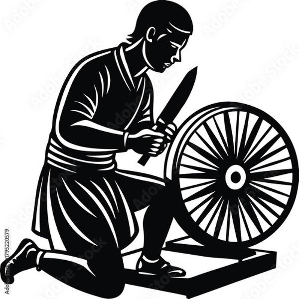 Fototapeta Knife Sharpener Silhouette Illustration of a Craftsman at Work on a Grinding Wheel on White Background