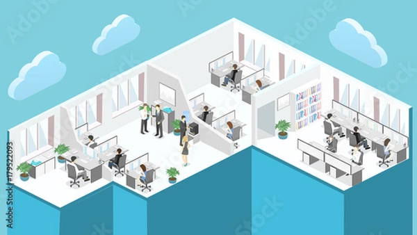 Obraz Flat 3d isometric office floor interior departments concept vector.