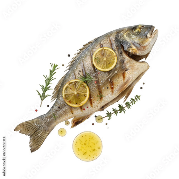 Obraz Golden Baked Whole Fish Garnished With Lemon Slices And Fresh Herbs On Black Background Studio Shot With Dramatic Lighting