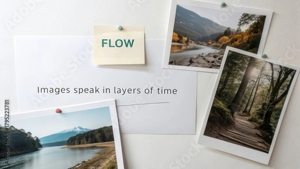Fototapeta Scene of overlapping photos and note labeled Flow