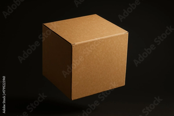 Fototapeta Minimal Kraft Cardboard Box Floating in Dark Studio Background