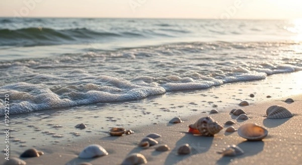 Fototapeta Golden Hour Ocean Waves Washing Seashells on a Tranquil Sandy Beach