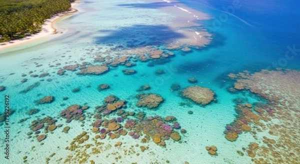 Obraz Aerial View of Tropical Coral Reef, Turquoise Ocean, and Pristine Sandy Beach