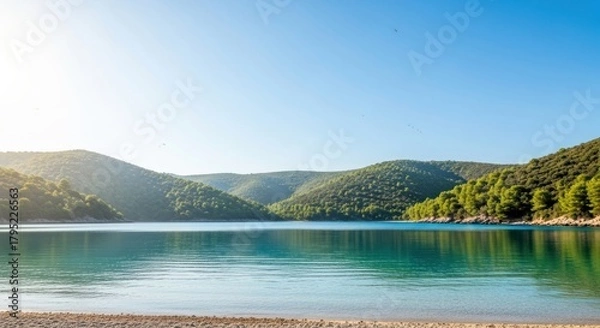 Fototapeta Pristine Secluded Bay with Turquoise Water and Lush Forested Hills