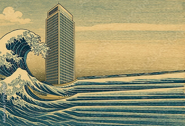 Fototapeta Woodblock print of a modern-day skyscraper, with a massive, stylized wave crashing dramatically in the foreground, blending old and new aesthetics.