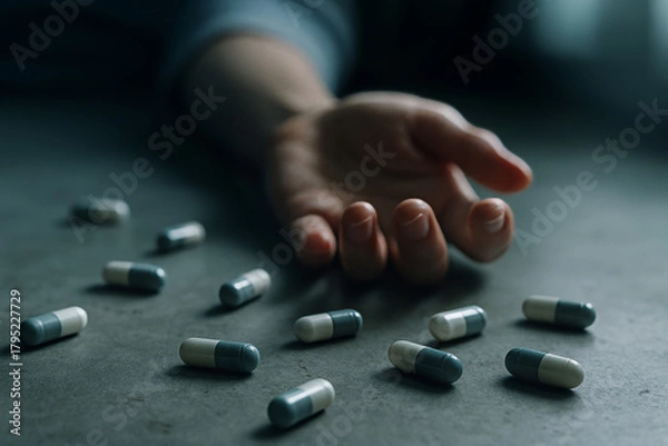 Fototapeta Close-Up of Scattered Capsules With Hand Reaching on Floor