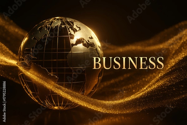 Fototapeta Premium Business Concept Featuring Gold Particle Waves and World Map Sphere