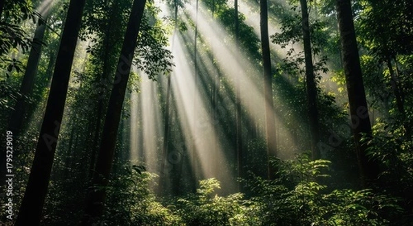 Fototapeta Dramatic Sunbeams Illuminating a Lush, Mystical Forest Canopy
