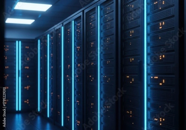 Fototapeta High-tech server room with glowing blue lights and data racks