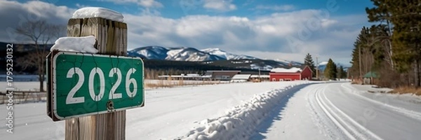 Fototapeta Winter landscape with a wooden post displaying the year 2026 next to a snow covered road leading to distant buildings and mountains under a cloudy sky