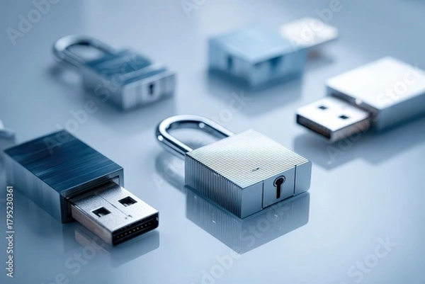 Fototapeta Artistic conceptual photo of USB flash drives with padlocks, symbolizing data protection and security, highlighting digital privacy and confidential information transfers.