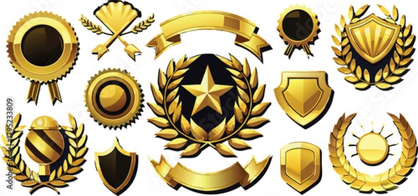 Fototapeta Golden premium badges, awards, ribbons, shields, and emblems