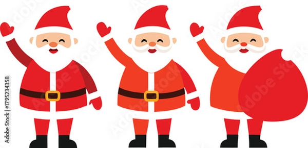 Fototapeta Three cheerful cartoon santa claus characters waving, festive mood