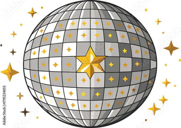 Fototapeta Glamorous disco ball with sparkling golden stars for festive party