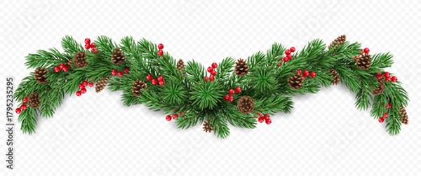 Fototapeta Vector realistic pine tree branches, cones and red berries isolated on a transparent background. Holiday Christmas tree garland for winter decoration banner, poster, greeting card.