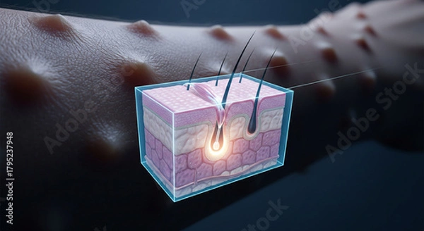 Obraz Closeup 3d illustration showing a crosssection of human skin with hair follicles and a magnified view of skin pores, representing dermatological conditions or skincare science