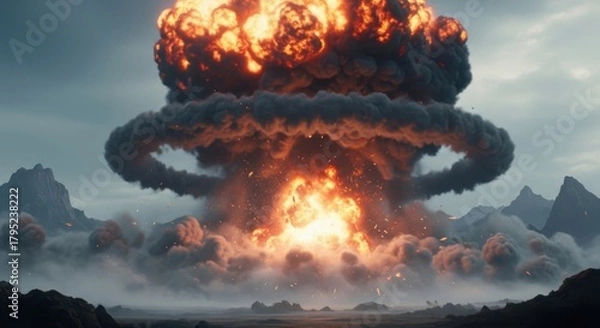 Fototapeta Witness the terrifying power of a colossal mushroom cloud explosion erupting dramatically over a desolate mountain landscape, a powerful symbol of destruction and raw energy.