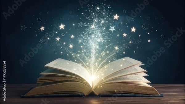 Fototapeta Unlock boundless imagination as a magical story bursts forth from an open book, scattering stardust and dreams across a whimsical night sky, inspiring wonder.