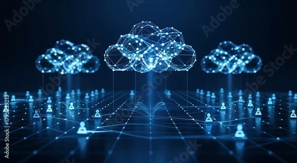 Fototapeta Abstract digital network of glowing blue interconnected clouds representing cloud computing and data storage on a dark futuristic background