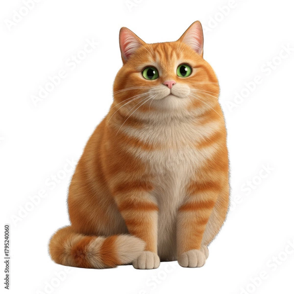 Fototapeta Orange Tabby Cat With Green Eyes Sitting And Looking Up With Soft Lighting Against A Transparent Background Realistic 3D Render