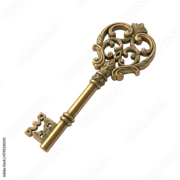 Fototapeta Ornate Antique Brass Skeleton Key Isolated on Black Background with Intricate Scrollwork and Detailed Handle