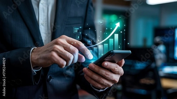 Fototapeta Businessman analyzing financial growth charts and data on a smartphone with an upward trending arrow symbolizing success and profit