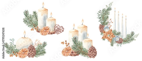 Fototapeta Christmas Advent Candle compositions set with fir branches, pine cones, winter berries, dry orange slices and toys. Watercolor illustration isolated on white background. For Cards and Prints, festive