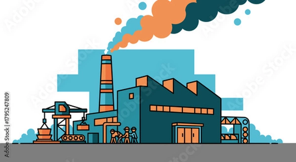 Fototapeta Stylized industrial factory illustration with chimney smoke representing production manufacturing and work