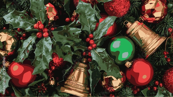 Fototapeta Christmas tree background with garland of holly berries. Christmas bells. Isolated festive frame. Celebration vector background.