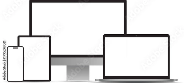 Fototapeta Modern multi-device mockup set. Set of smartphone, tablet, desktop and laptop display template in a flat vector style.