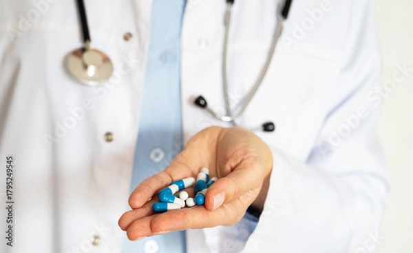 Fototapeta Medical professional holds medication on palm in clinical setting during daytime