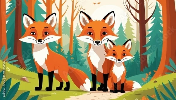 Fototapeta Charming family of three adorable foxes exploring a vibrant forest with lush greenery and tall trees, evoking wonder and nature's beauty