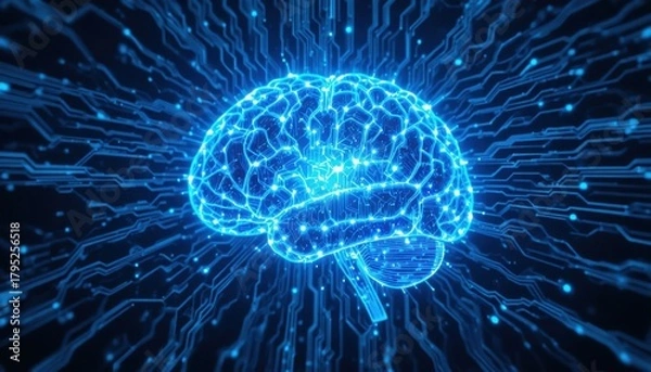 Fototapeta Radiant digital brain pulsing with vibrant blue energy, symbolizing futuristic artificial intelligence and complex data networks powering innovation.