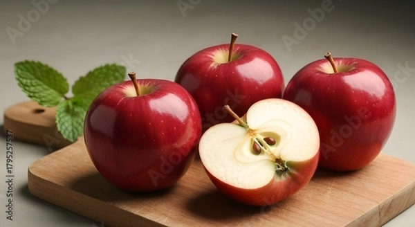 Fototapeta Three Whole Red Apples and One Halved Apple on a Wooden Cutting Board