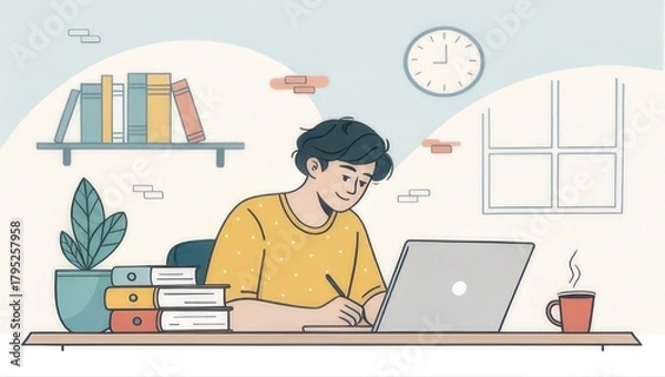 Fototapeta Young student diligently studying and writing on laptop in cozy home office with books and hot coffee, symbolizing productivity and learning