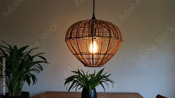 Obraz Boho Interior with Wicker Pendant Light and Rattan Mirror V2
