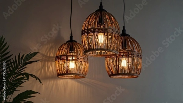 Obraz Boho Interior with Wicker Pendant Light and Rattan Mirror V4