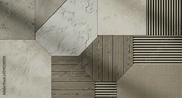 Fototapeta Geometric collage of textures and materials including rough concrete, weathered wood, corrugated metal, and woven fabric, arranged in a symmetrical pattern with visual contrast. AI generated.