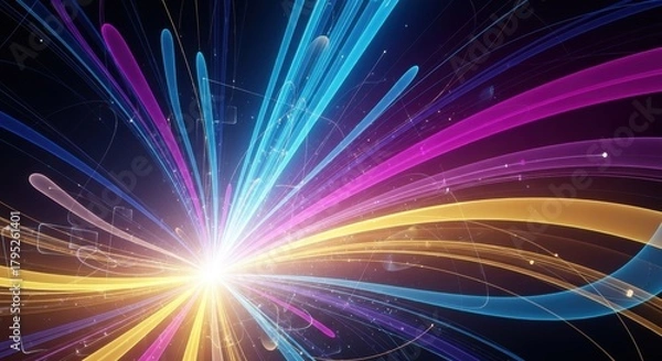 Fototapeta Dynamic explosion of vibrant neon light streaks and particles bursts with radiant energy, symbolizing innovation and future progress in a dark abstract space