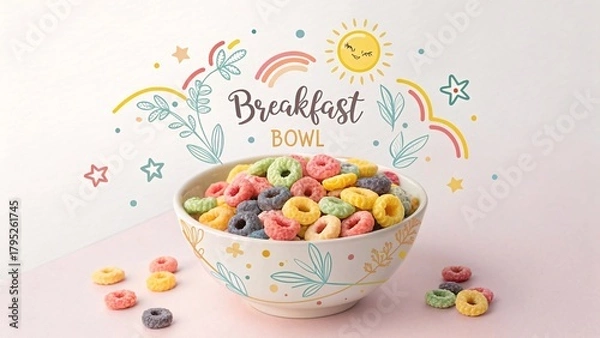 Obraz Colorful Cereal Breakfast Bowl on Pastel Background V1