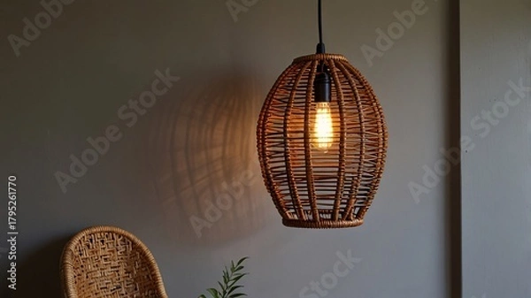 Obraz Boho Interior with Wicker Pendant Light and Rattan Mirror V7